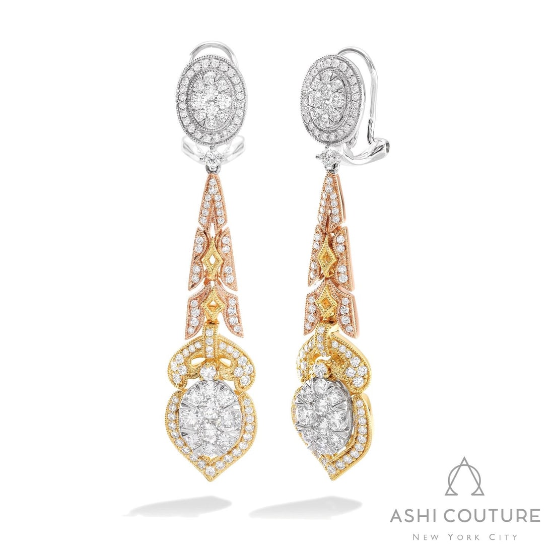 2.74 ctw Fiori Oval Cluster Diamond 18K Tri-Color Gold Earrings: Defining modern elegance, this stunning Fiori Oval Cluster pair of earrings featuring White Diamond captures the essence of style. The gemstones are nestled within a Cluster/Drop framework, supported 