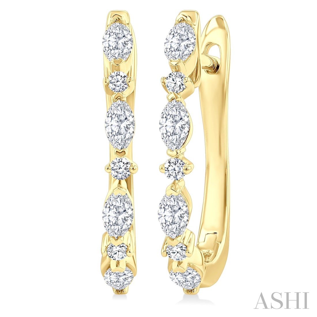 0.54 ctw White Diamond Marquise & Round Cut 14K Yellow Gold Hoop Earrings: Exuding opulence and grace, this elegant Marquise and Round Cut pair of earrings featuring White Diamond is crafted for the distinguished. A detailed Hoop gallery secures the stones, rendered in 2.4 g