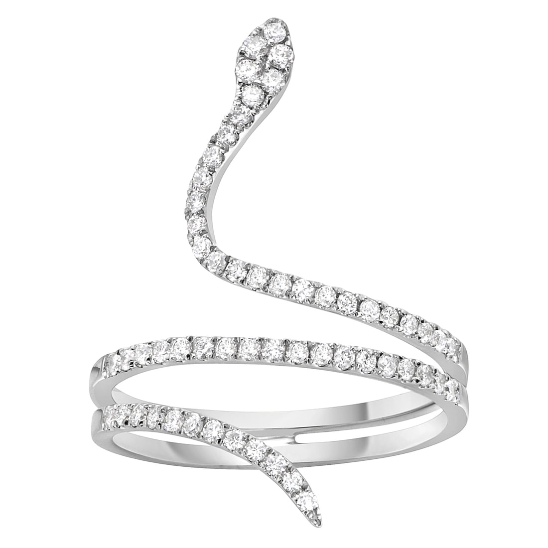 14K White Gold Snake Ring with White Diamonds Pave Setting: Exuding contemporary allure, this captivating Snake Ring adorned with White Diamonds embodies sophistication. Meticulously crafted in 14K White Gold with Rhodium plating, the ring features a sinuous d