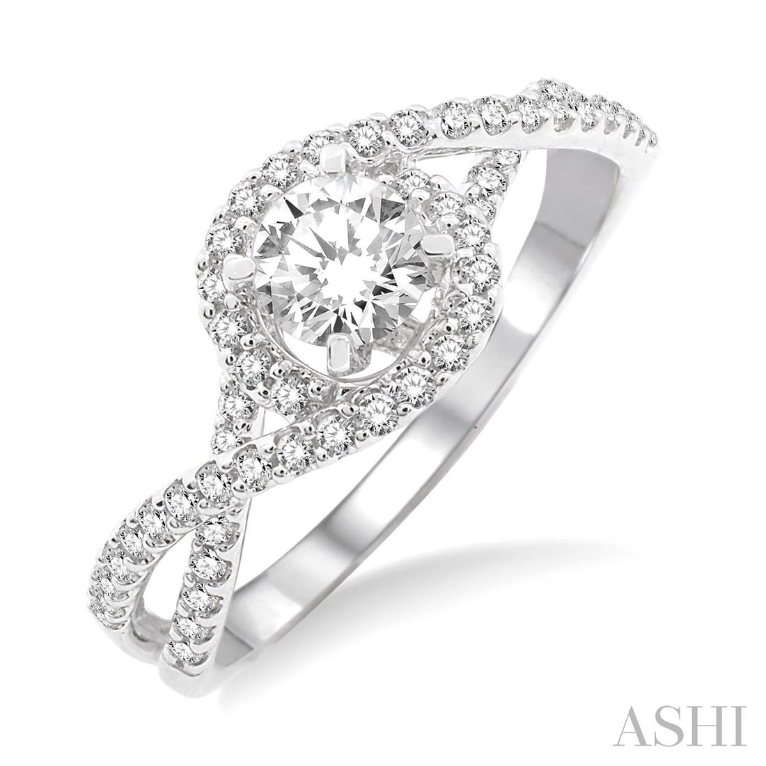 0.61 ctw Diamond Halo Swirl 14K White Gold Engagement Ring: Captured in a moment of brilliance, this elegant Halo Swirl ring featuring White Diamond speaks to the connoisseur. Expertly mounted in a Halo setting, the ring is crafted in 2.35 grams of solid 14K W