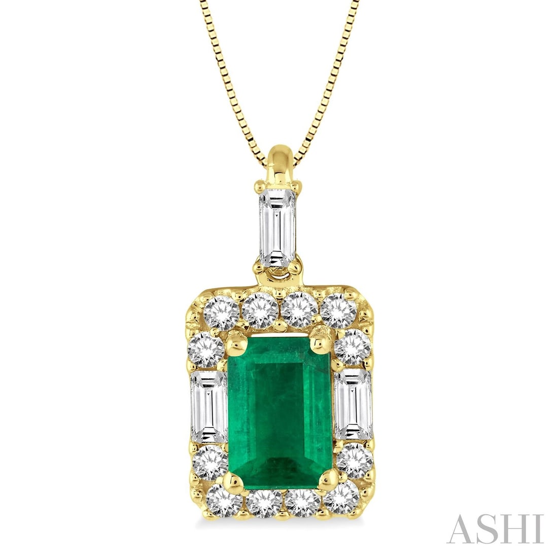 6x4mm Octagon Emerald and 0.29 ctw Diamond 14K Yellow Gold Pendant: Exuding opulence and grace, this magnificent Halo pendant featuring Emerald, White Diamond is crafted for the distinguished. A detailed Halo gallery secures the stones, rendered in 0.9 grams of lustro