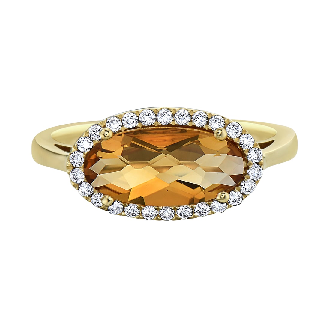14k Yellow Gold Halo Ring with 1.73 ct Citrine & Diamonds: Radiating sophistication, this exquisite Halo ring features a captivating Citrine and dazzling Diamonds. The centerpiece is a 1.73-carat yellow Citrine, encircled by 0.17 carats of round white Diamond