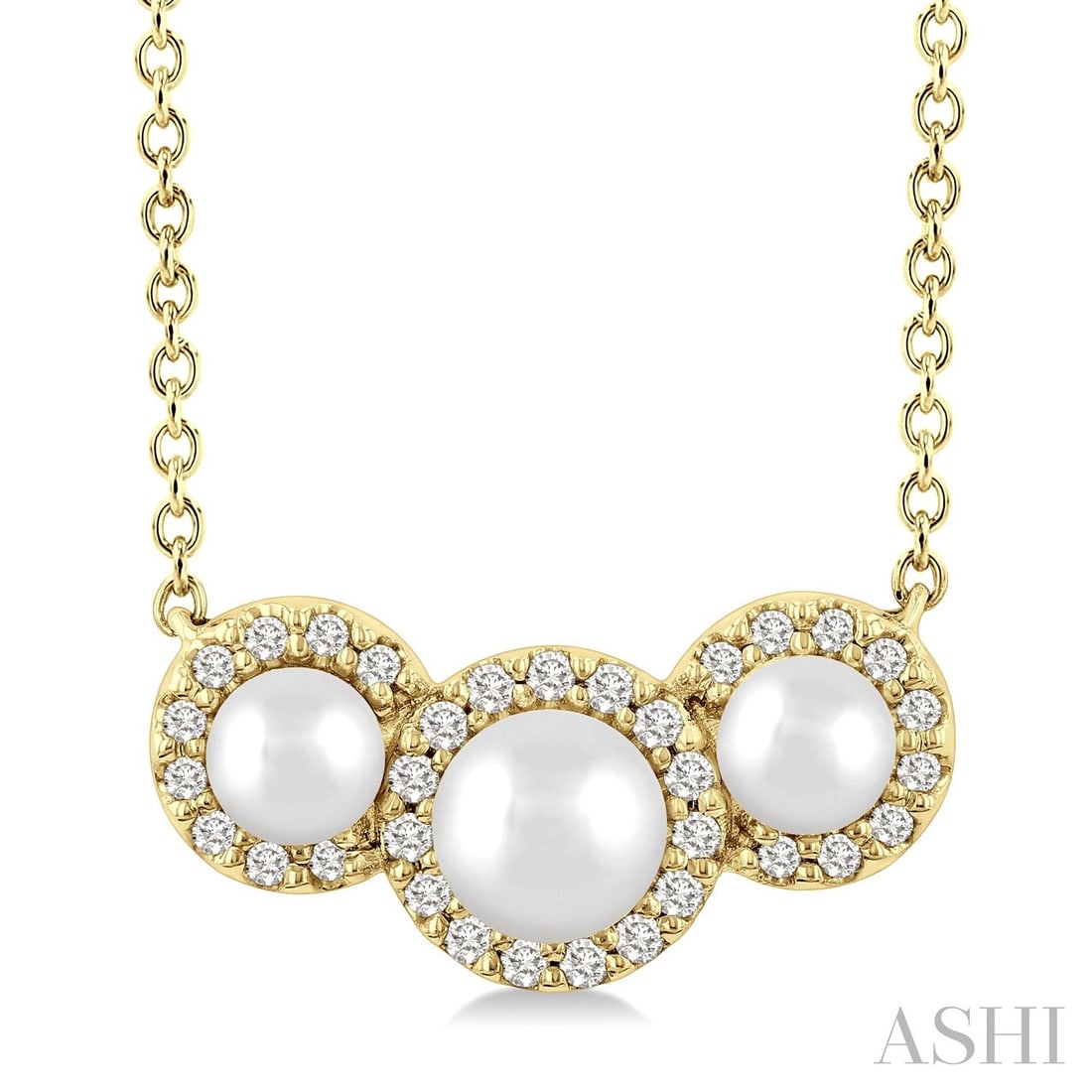 4mm & 3mm Cultured Pearl and 0.11 ctw White Diamond Halo 14K Yellow Gold Pendant Necklace: A testament to superior craftsmanship, this elegant Halo necklace featuring Cultured Pearl, White Diamond is unparalleled. Crafted with precision, the Halo setting is seamlessly integrated into 1.25 g