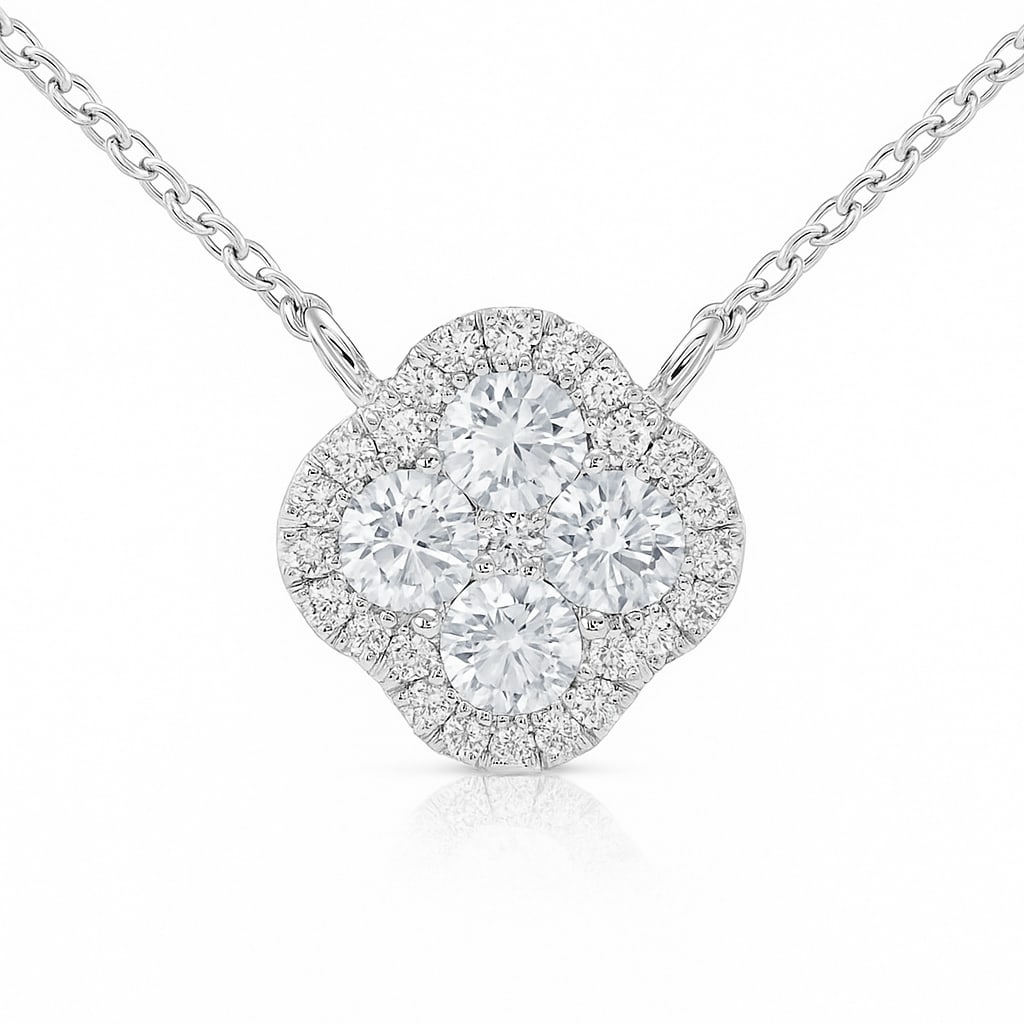 14K White Gold Pendant Necklace with 0.36ct Diamond Cluster: Radiating sophistication, this exquisite pendant necklace is crafted for the discerning. Featuring a cluster of round-cut diamonds, the design is set in 14k white gold with a rhodium finish. The diamo