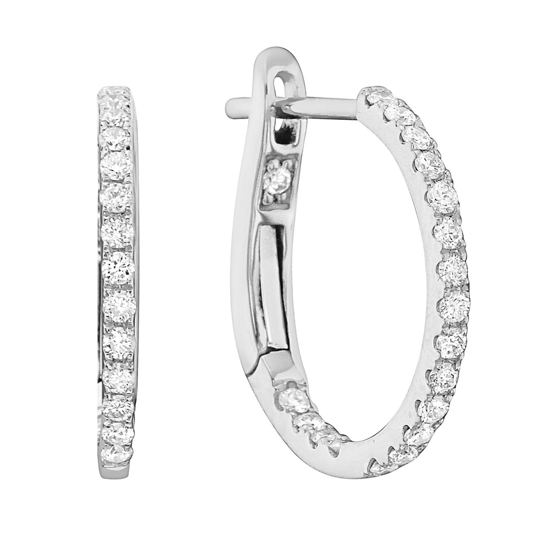 14k White Gold Hoop Earrings with 0.31ct Round Diamonds: Exuding elegance, this exquisite pair of hoop earrings features dazzling round diamonds. The stones, with a total carat weight of 0.31, are set in a sleek 14k white gold framework enhanced with rhodiu