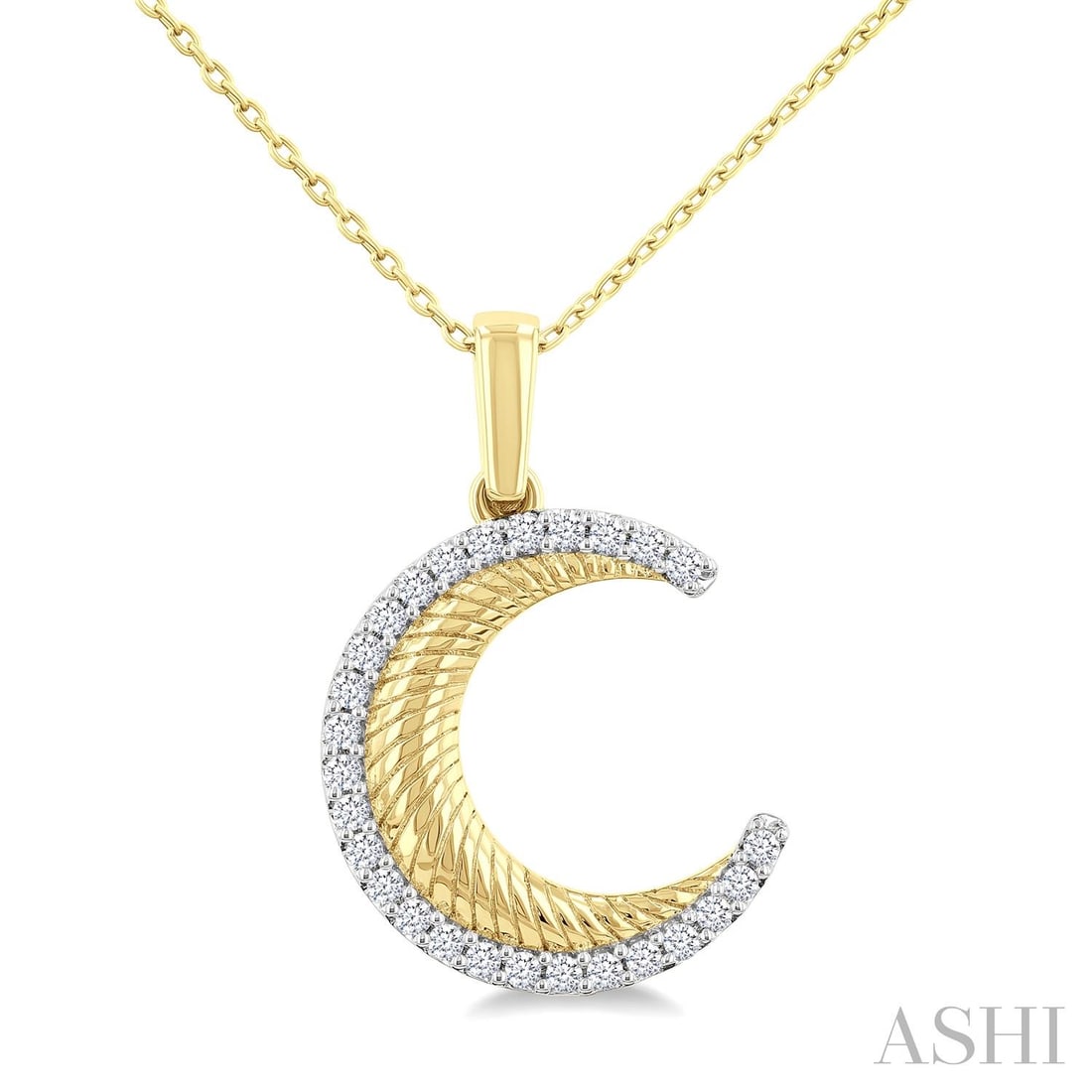 0.20 ctw Diamond Crescent Moon 10K Yellow Gold Pendant: A symphony of light and color, this breathtaking Spiral Textured Crescent Moon pendant featuring Natural Diamonds embodies the pinnacle of luxury. The gemstones are nestled within a Crescent Motif Mou