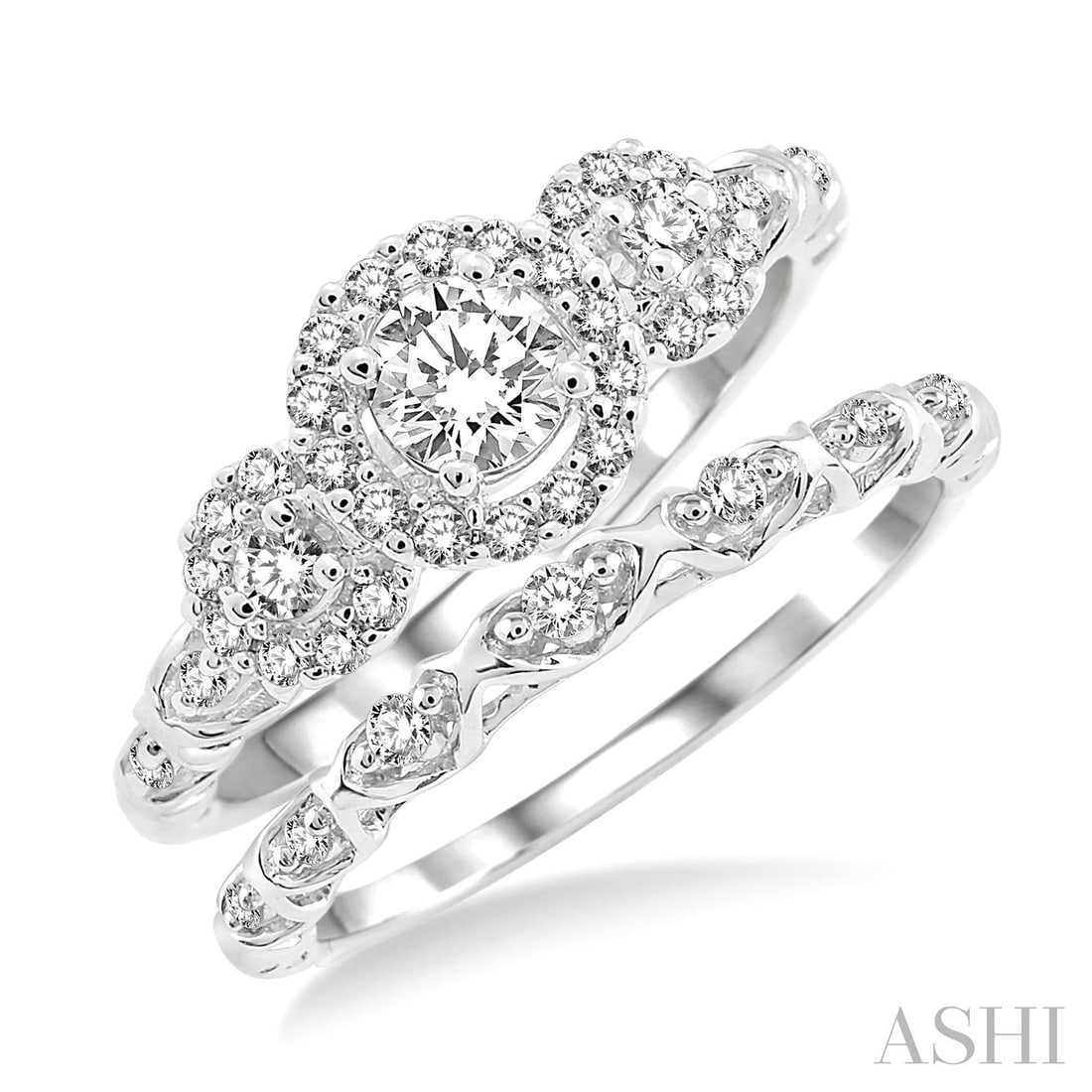 0.53 ctw White Diamond 14K White Gold Wedding Set: Defining modern elegance, this magnificent Halo ring featuring White Diamond captures the essence of style. The gemstones are nestled within a Halo framework, supported by a substantial 3.4 grams 14K 