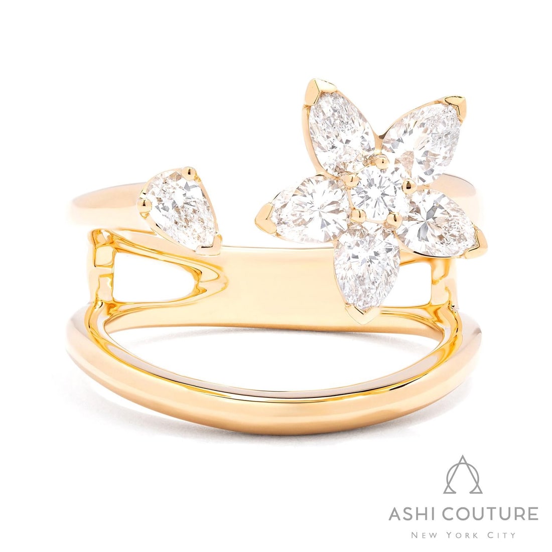1.31 ctw Diamond Floating Flower 18K Yellow Gold Ring: Captured in a moment of brilliance, this breathtaking Floating Flower ring featuring White Diamond speaks to the connoisseur. Securely held in a classic Cluster design, the ring is forged from 8.5 g o