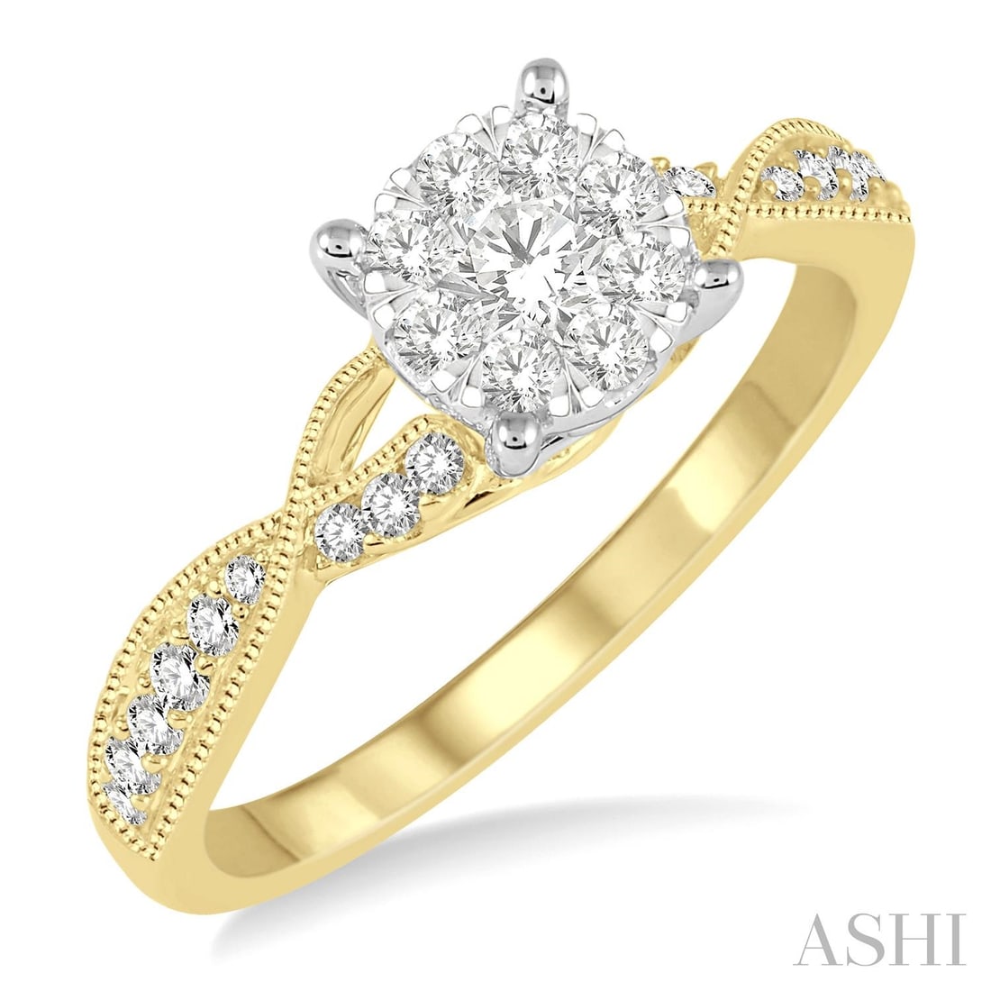0.48 ctw Diamond Cluster Engagement Ring 14K Yellow & White Gold: A vision of luxury, this stunning Cluster ring featuring White Diamond defines sophistication. Securely held in a classic Cluster design, the ring is forged from 2.85 grams of high-polish 14K Yellow &