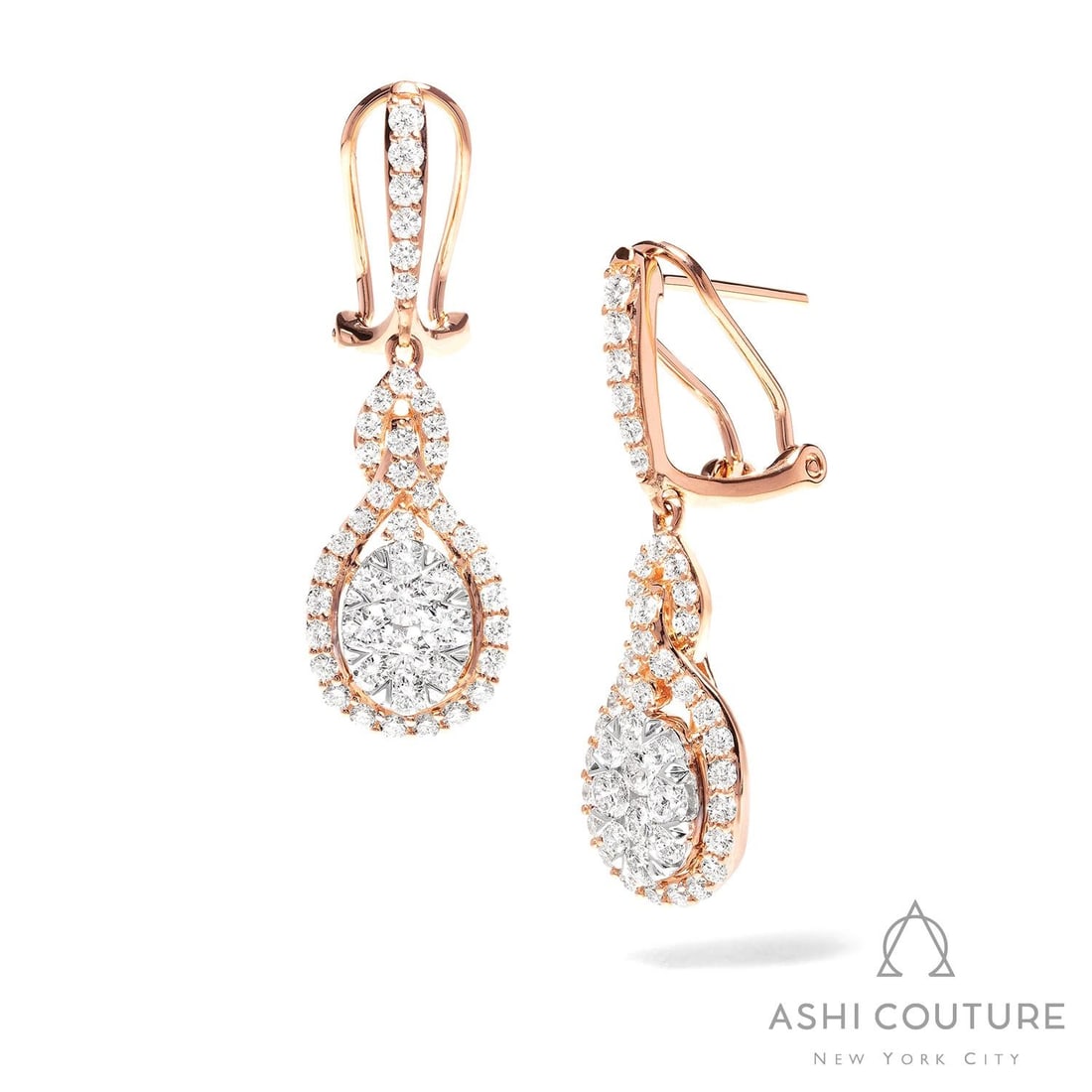 1.87 ctw White Diamond Fiori Intertwined Cluster 18K Rose & White Gold Earrings: A symphony of light and color, this stunning Intertwined Cluster pair of earrings featuring White Diamond embodies the pinnacle of luxury. Expertly mounted in a Halo setting, the earrings are crafted 