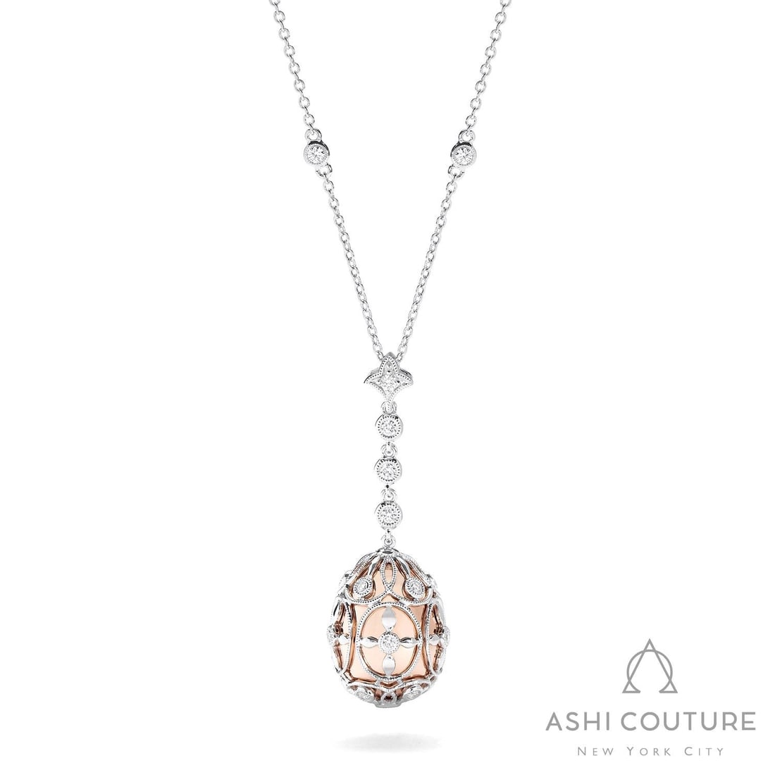 0.64 ctw White Diamond 18K Rose & White Gold Pendant Necklace: A symphony of light and color, this breathtaking Cage Drop pendant necklace featuring White Diamonds embodies the pinnacle of luxury. Expertly mounted in a Drop setting, the pendant necklace is crafte