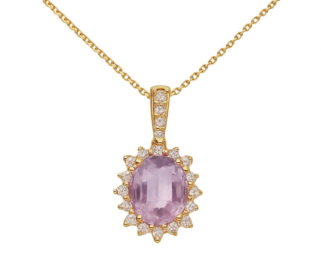 2.55ct Peach Sapphire and 0.47ctw Diamond 18K Yellow Gold Pendant: Defining modern elegance, this stunning Halo pendant featuring Pink Sapphire, White Diamond captures the essence of style. Securely held in a classic Halo design, the pendant is forged from 1.54 grams