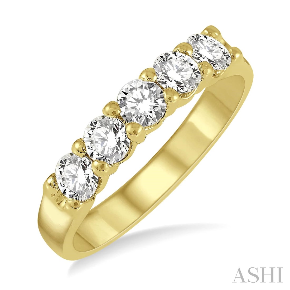 0.75 ctw 5 Stone Diamond Wedding Band 14K Yellow Gold: A symphony of light and color, this magnificent 5 Stone Round Cut ring featuring White Diamond embodies the pinnacle of luxury. The gemstones are nestled within a Five-Stone Band framework, supported 