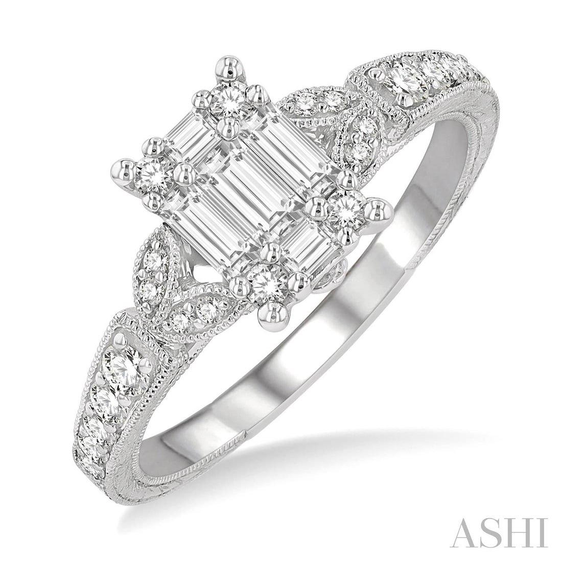 0.58 ctw Diamond Carved Shank Fusion 14K White Gold Ring: Exuding opulence and grace, this elegant Carved Shank Fusion ring featuring White Diamond is crafted for the distinguished. Showcasing the gems in a Cluster arrangement, the ring consists of 2.9 grams