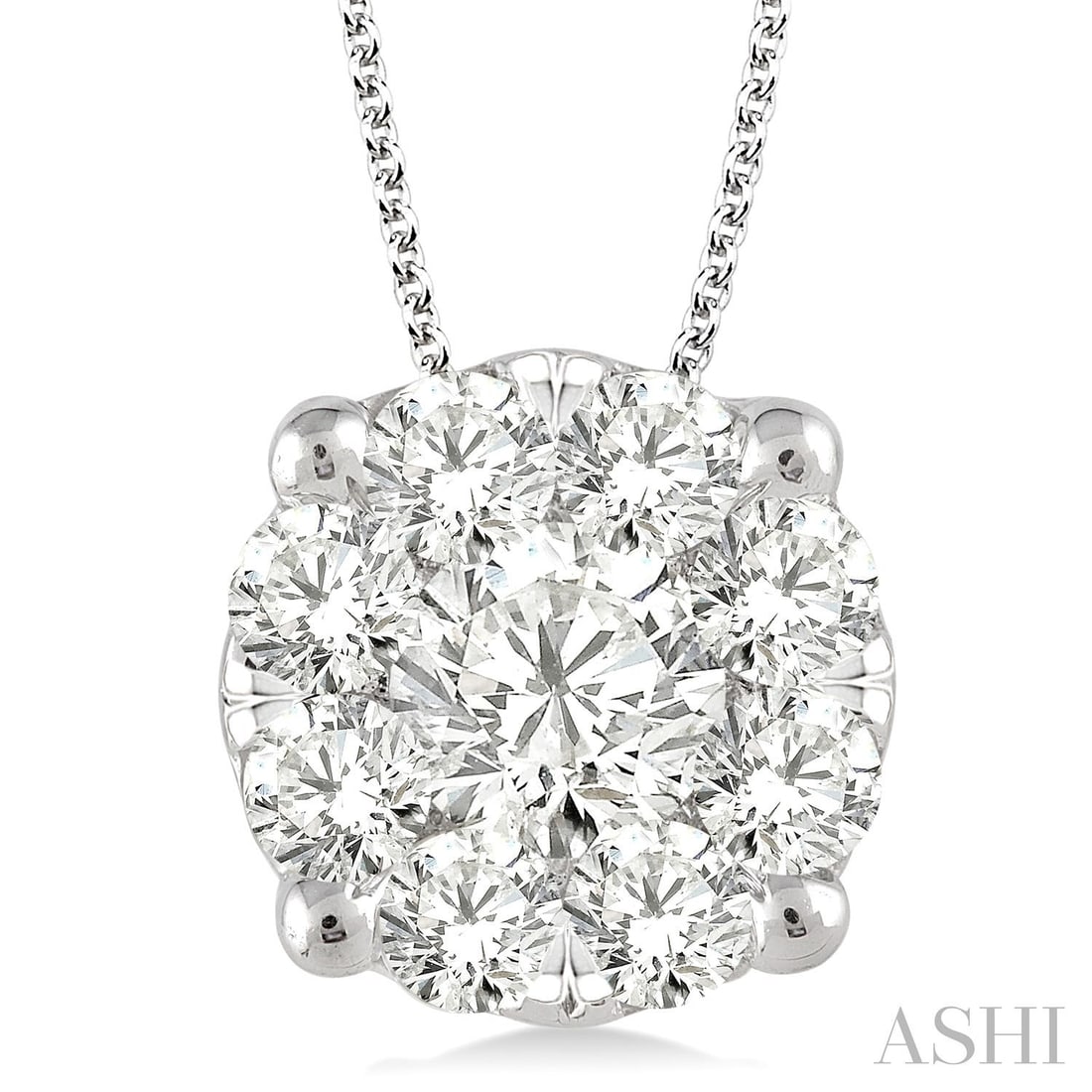 2.0 ctw Cluster Diamond 14K White Gold Pendant Necklace: Rare and radiant, this breathtaking Cluster pendant necklace featuring Natural Diamonds offers a touch of the extraordinary. A detailed Cluster gallery secures the stones, rendered in 2.7 grams of lus