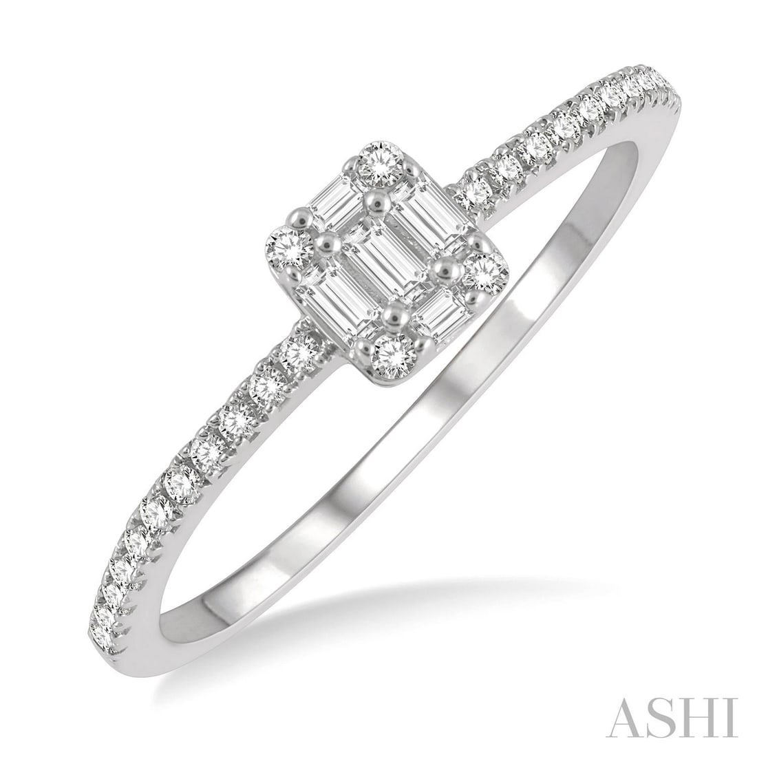 0.26 ctw Baguette and Round Diamond Cushion Shape 10K White Gold Ring: Captured in a moment of brilliance, this magnificent Cushion Shape ring featuring White Diamond speaks to the connoisseur. Expertly mounted in a Cluster setting, the ring is crafted in 1.35 grams of s
