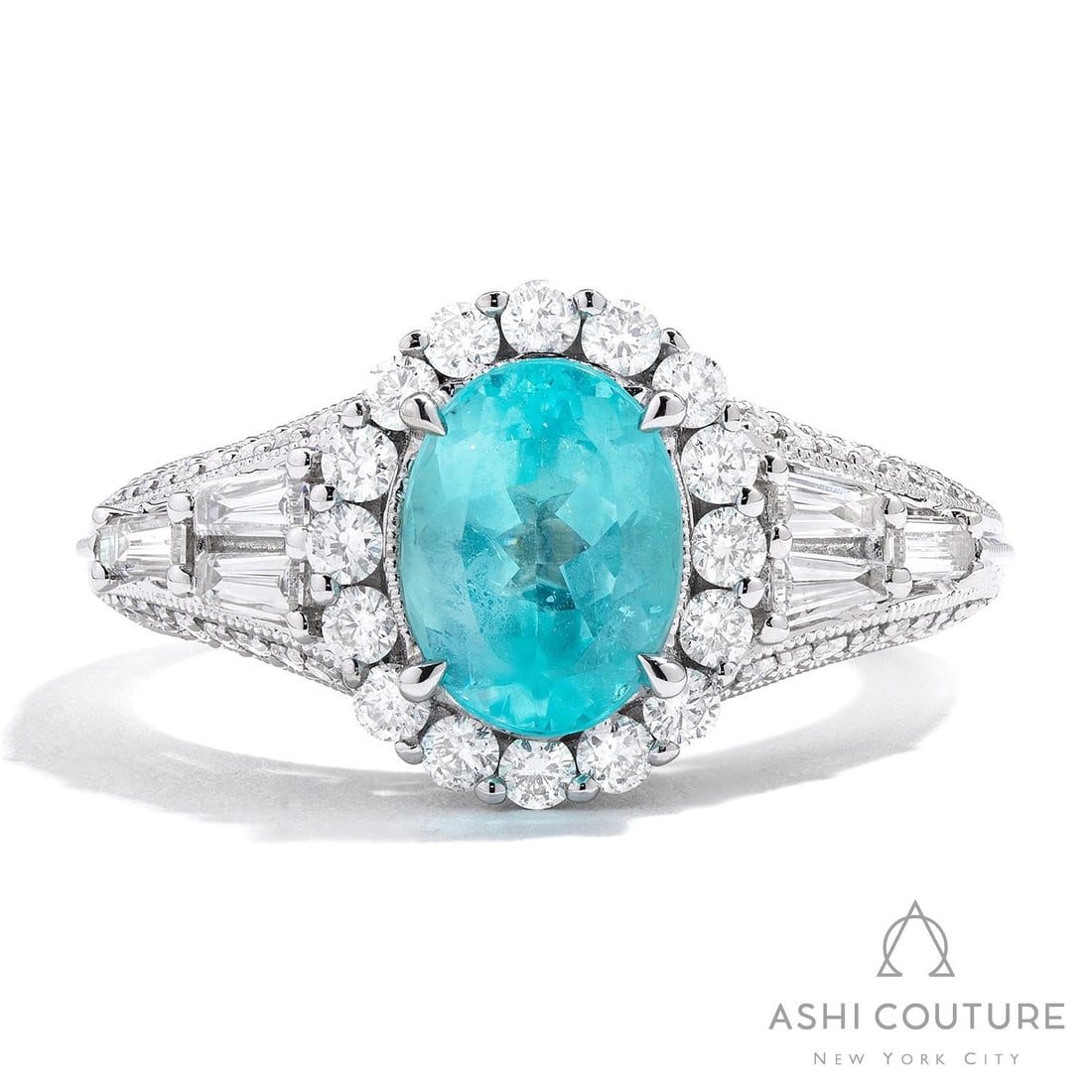 Paraiba Aquamarine and 0.90 ctw Diamond 18K White Gold Ring: Retail Value: $30,135 Captured in a moment of brilliance, this stunning Halo ring featuring Aquamarine, White Diamond speaks to the connoisseur. Crafted with precision, the Halo setting is seamlessly 