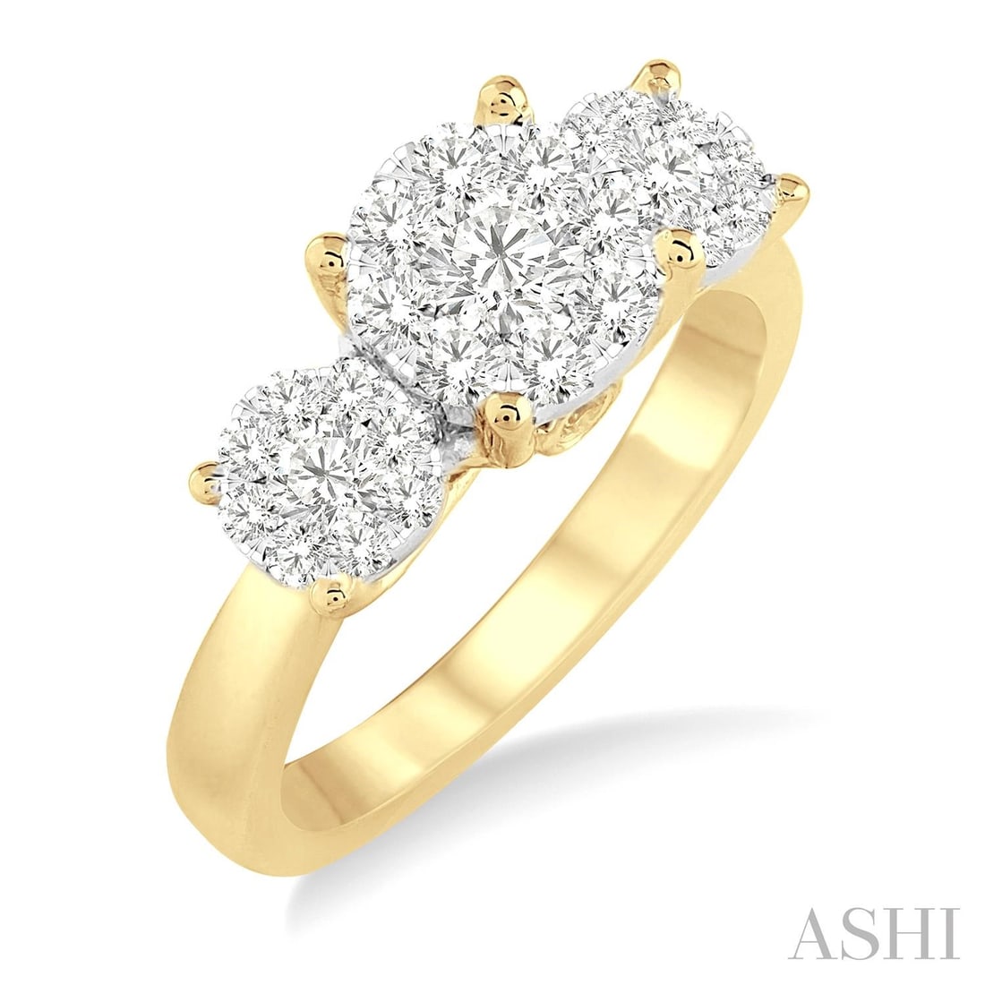 1.03 ctw White Diamond Cluster Three Stone 14K Yellow & White Gold Ring: An exquisite masterpiece of haute joaillerie, this magnificent Cluster Three Stone ring featuring Natural Diamonds is a true treasure. Crafted with precision, the Three-Stone Cluster setting is seamle
