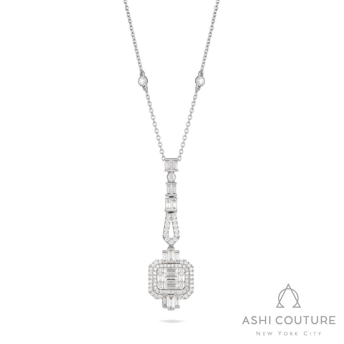 Empress Art Deco 1.99 ctw Diamond East West 18K White Gold Pendant Necklace: Defining modern elegance, this breathtaking Art Deco East West necklace featuring White Diamond captures the essence of style. Expertly mounted in a Drop setting, the necklace is crafted in 4.85 grams