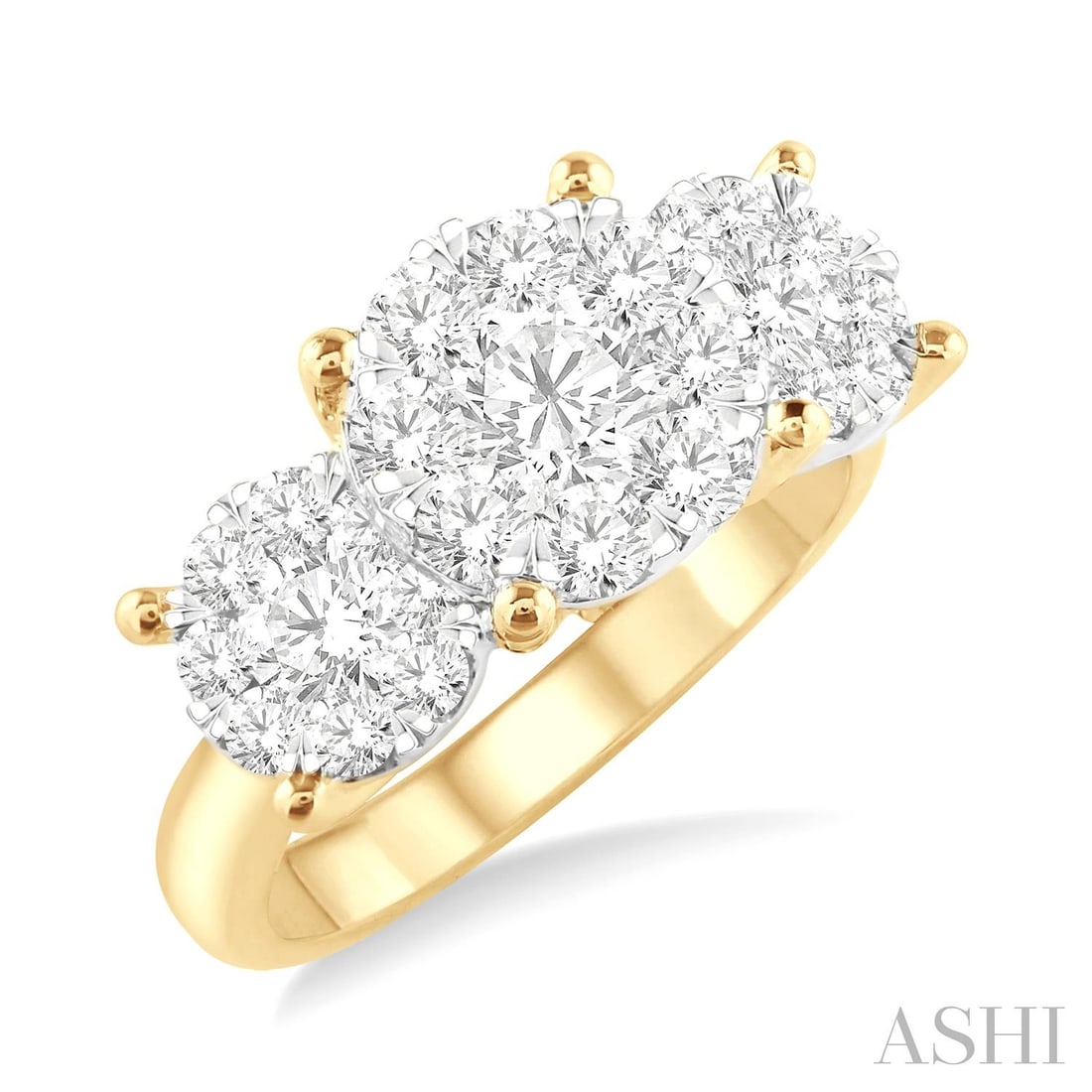 1.51 ctw Cluster Round Cut Diamond 14K Yellow & White Gold Ring: Exuding opulence and grace, this magnificent Cluster ring featuring White Diamond is crafted for the distinguished. Showcasing the gems in a Three-Stone Cluster arrangement, the ring consists of 5.5 g