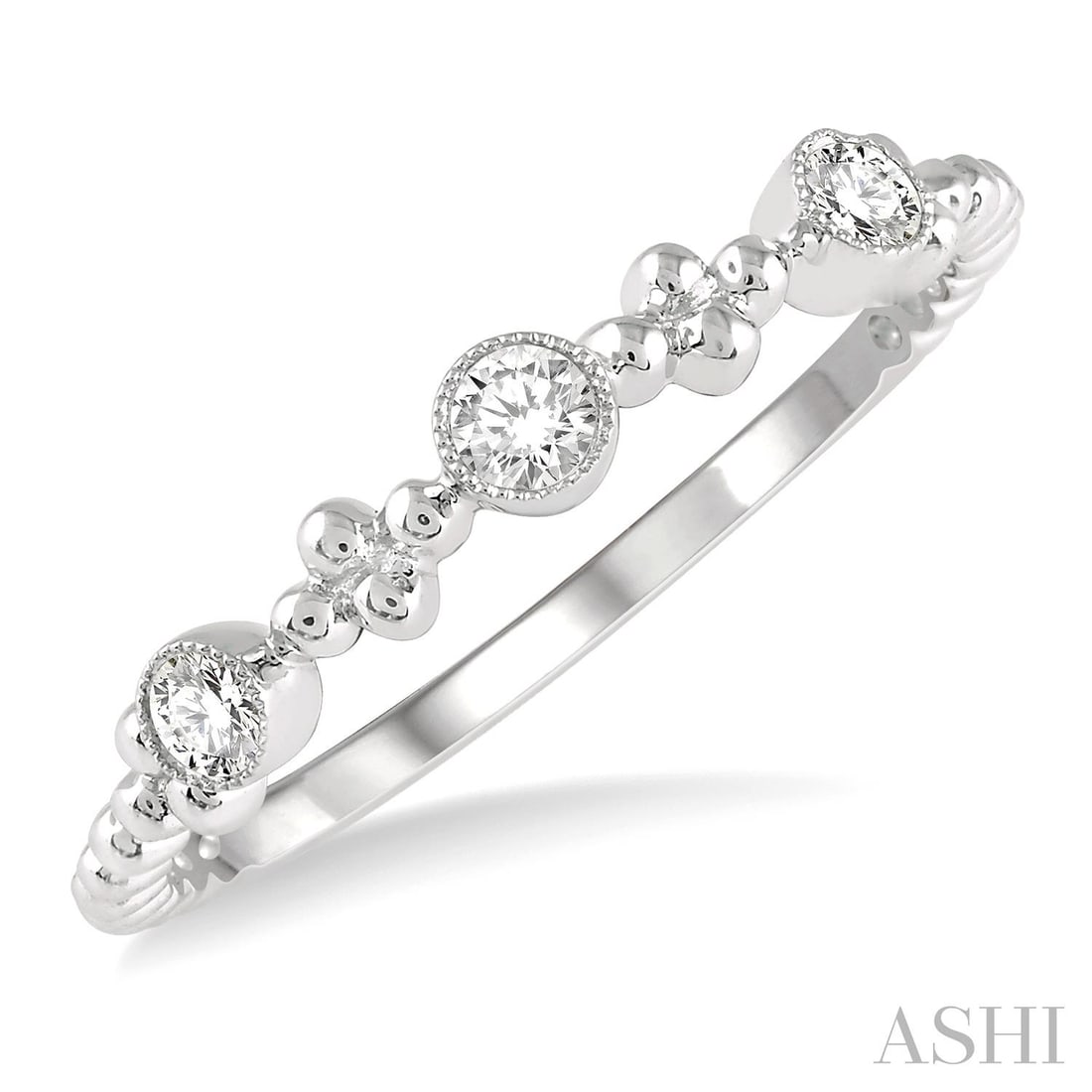0.20 ctw Diamond Circular Mount Stackable Band 14K White Gold: Defining modern elegance, this elegant Circular Mount ring featuring Natural Diamonds captures the essence of style. The gemstones are nestled within a Bezel framework, supported by a substantial 1.2 