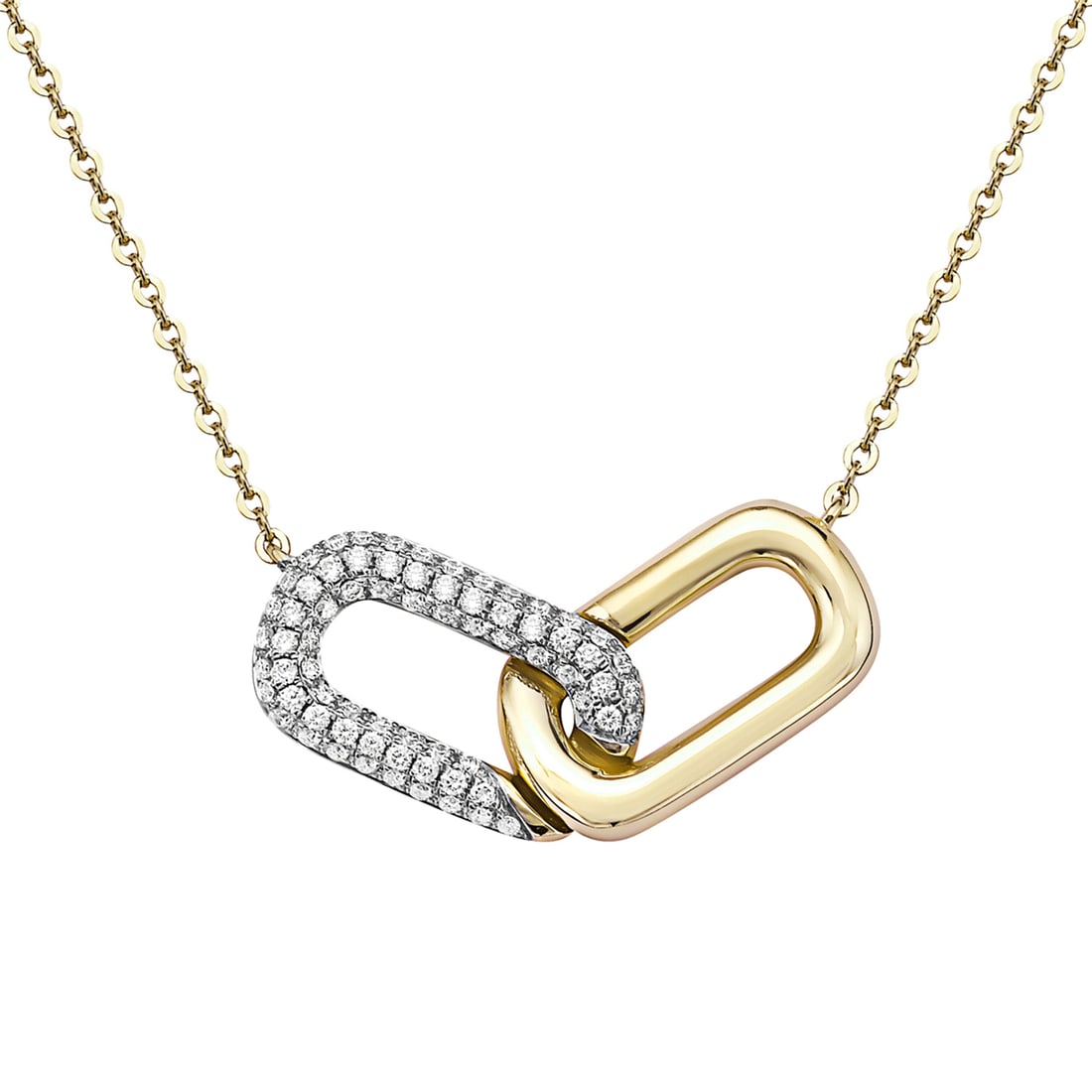 14K Yellow Gold Pendant Necklace with 0.26ct White Diamonds: Exquisite and contemporary, this pendant necklace features a striking design with interlocking links. One link is adorned with 0.26 carats of round, white diamonds, showcasing a Slightly Included (SI1