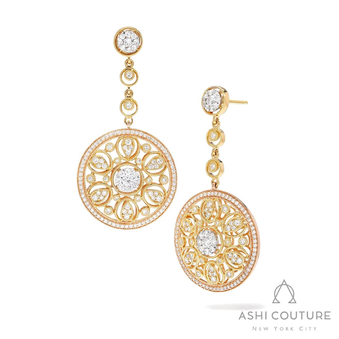 2.05 ctw White Diamond 18k Tri-Color Gold Earrings: An exquisite masterpiece of haute joaillerie, this breathtaking Fiori Cluster pair of earrings featuring White Diamond is a true treasure. A detailed Cluster/Pave gallery secures the stones, rendered 