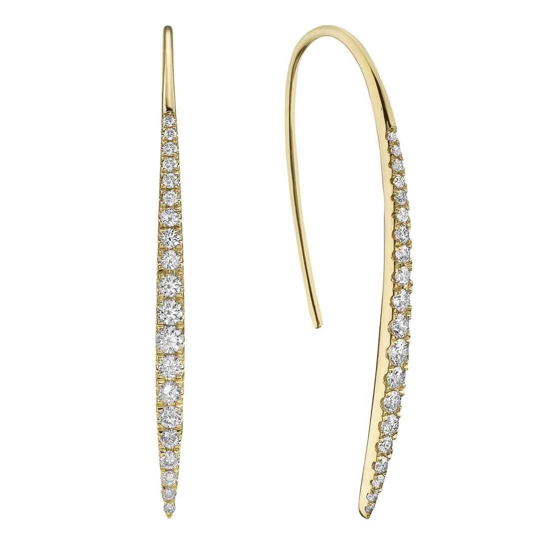 14K Yellow Gold Dangle Earrings with 0.58 ctw White Diamonds: A striking blend of elegance and modernity, these Dangle Earrings feature a cascade of White Diamonds. Each diamond is meticulously set in a sleek, elongated design, crafted from high-polish 14K Yello