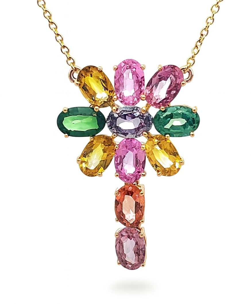 7.08ct Multi Color Sapphire Flower 14K Yellow Gold Pendant: A symphony of light and color, this magnificent Flower pendant featuring Pink Sapphire, Yellow Sapphire, Blue Sapphire embodies the pinnacle of luxury. The gemstones are nestled within a Cluster frame