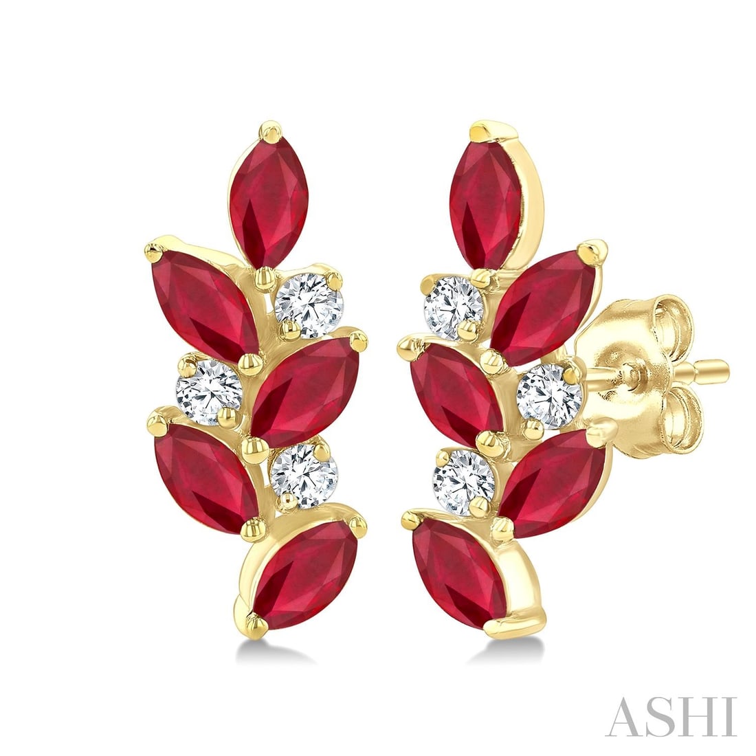 4x2mm Marquise Ruby and 0.15 ctw Diamond 14K Gold Ear Climbers: Epitomizing grandeur, this exquisite Zig-Zag pair of earrings featuring Ruby, White Diamond stands as a beacon of refined taste. A detailed Cluster gallery secures the stones, rendered in 1.75 grams o