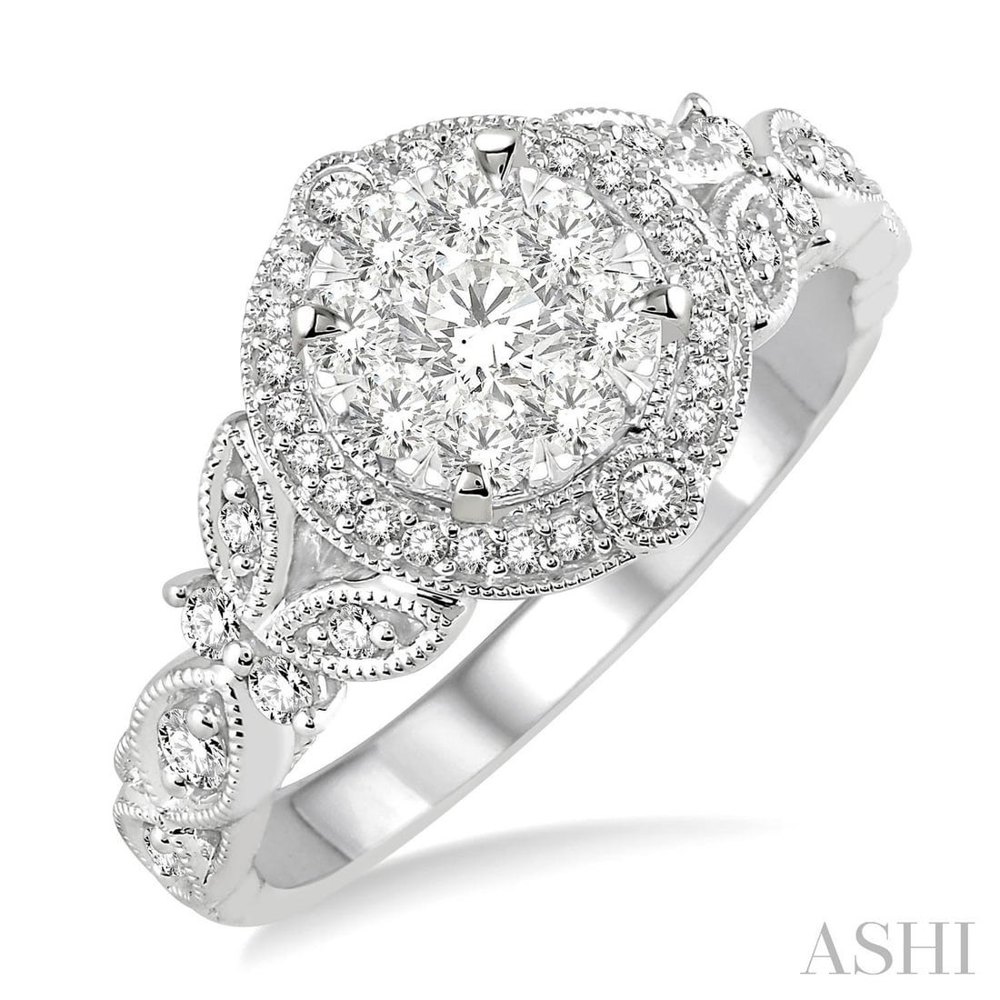 0.61 ctw Diamond Cluster 14K White Gold Engagement Ring: A vision of luxury, this magnificent Cluster Halo ring featuring White Diamond defines sophistication. Securely held in a classic Cluster Halo design, the ring is forged from 3.9 grams of high-polish 