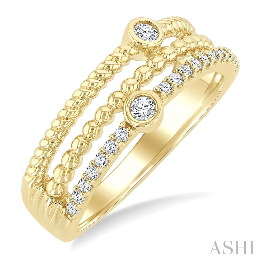 0.21 ctw Triple Row Diamond Fashion Band 10K Yellow Gold Ring: An exquisite masterpiece of haute joaillerie, this magnificent Triple Row ring featuring White Diamond is a true treasure. A detailed Triple-Row Band gallery secures the stones, rendered in 4.2 grams 