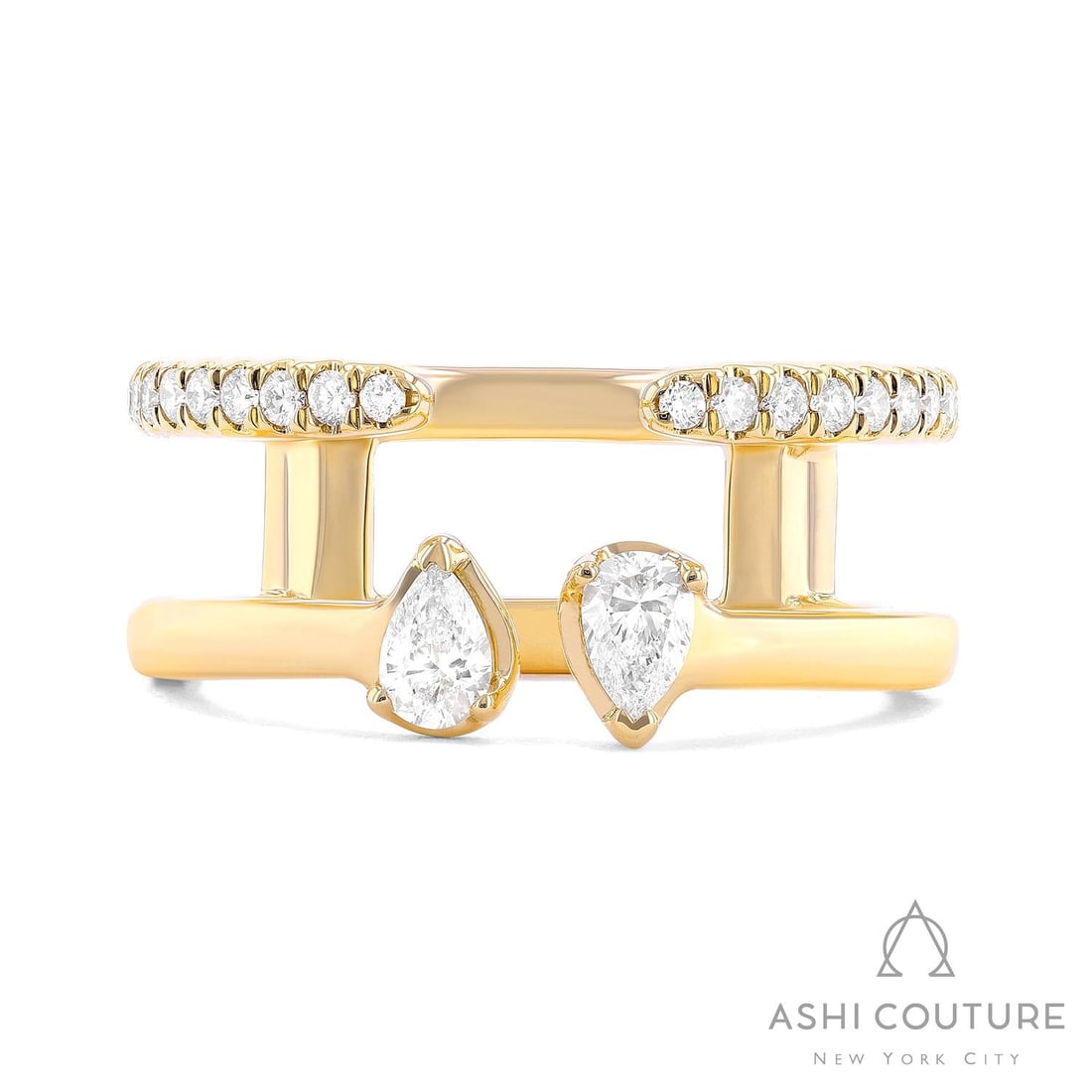 0.45 ctw Pear & Round Diamond Vintage 18K Yellow Gold Ring: An exquisite masterpiece of haute joaillerie, this exquisite Vintage ring featuring White Diamond is a true treasure. A detailed Open Cuff gallery secures the stones, rendered in 7.0 grams of lustrous