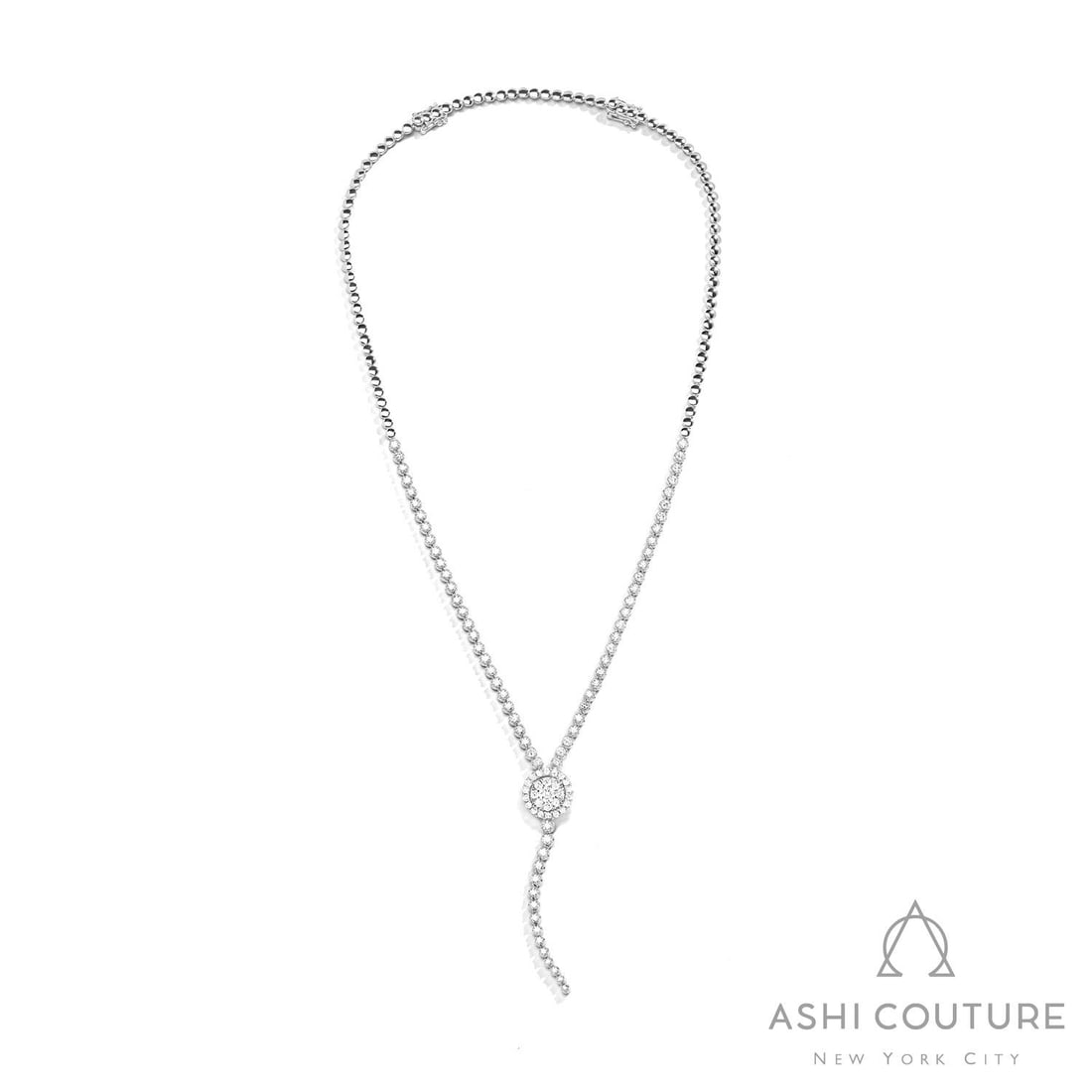 4.44 ctw Diamond Cluster 18K White Gold Lariat Necklace: Exuding opulence and grace, this breathtaking Fiori necklace featuring White Diamond is crafted for the distinguished. Crafted with precision, the Lariat setting is seamlessly integrated into 26.2 gra