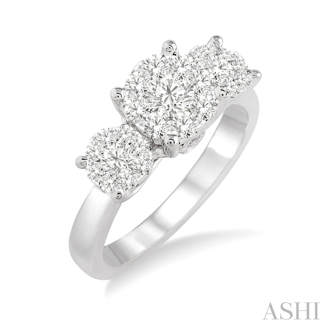 0.76 ctw Cluster Diamond Three Stone 14K White Gold Ring: Rare and radiant, this exquisite Cluster Three Stone ring featuring Natural Diamonds offers a touch of the extraordinary. A detailed Cluster Three-Stone gallery secures the stones, rendered in 3.95 gr