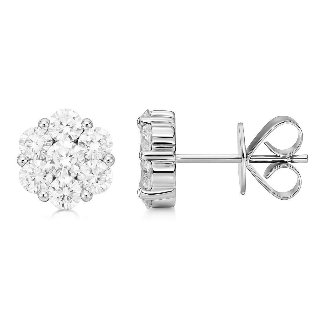14k White Gold Diamond Cluster Stud Earrings 0.44 ctw: In a display of refined elegance, this exquisite pair of stud earrings showcases the timeless allure of diamonds. The earrings feature a cluster of round-cut diamonds, each stone meticulously set to e