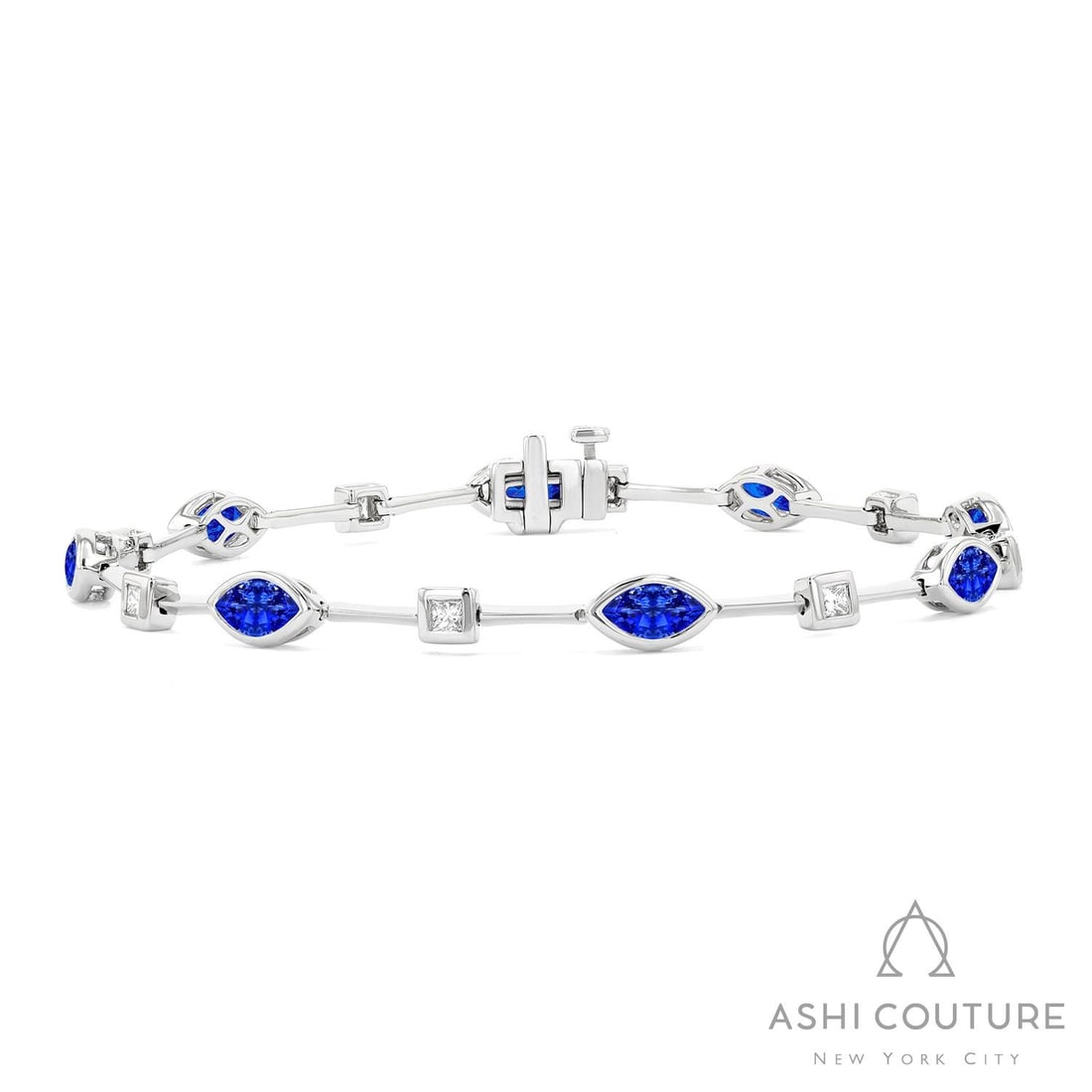 0.35 ctw Diamond & Blue Sapphire Alternating Link 18K White Gold Bracelet: Epitomizing grandeur, this elegant Alternating Link Bezel bracelet featuring Blue Sapphire, White Diamond stands as a beacon of refined taste. A detailed Bezel gallery secures the stones, rendered in 