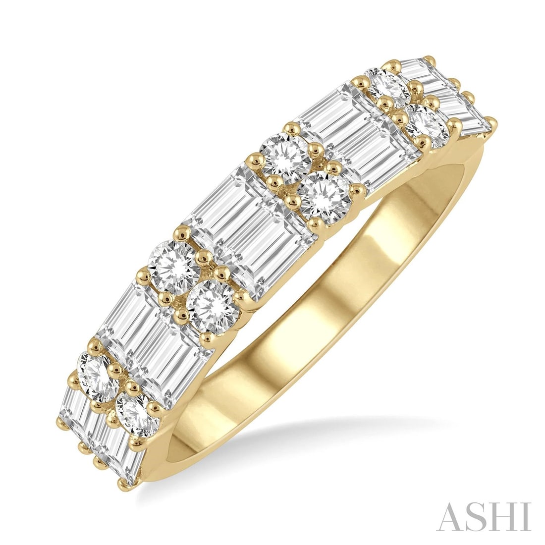 1.22 ctw Double Baguette & Round Diamond Fashion Band 14K Yellow Gold Ring: An exquisite masterpiece of haute joaillerie, this breathtaking Double Baguette ring featuring White Diamond is a true treasure. Showcasing the gems in a Multi-Row Band arrangement, the ring consists 