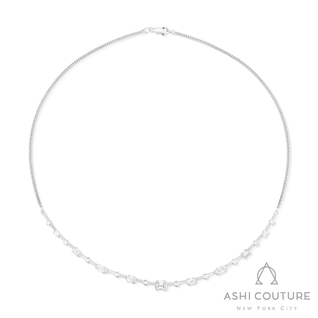 Duchess 2.78 ctw Multishape Diamond Bar 18K White Gold Necklace: Rare and radiant, this magnificent Bar necklace featuring Natural Diamonds offers a touch of the extraordinary. Crafted with precision, the Bar Setting is seamlessly integrated into 7.95 grams of 18K 