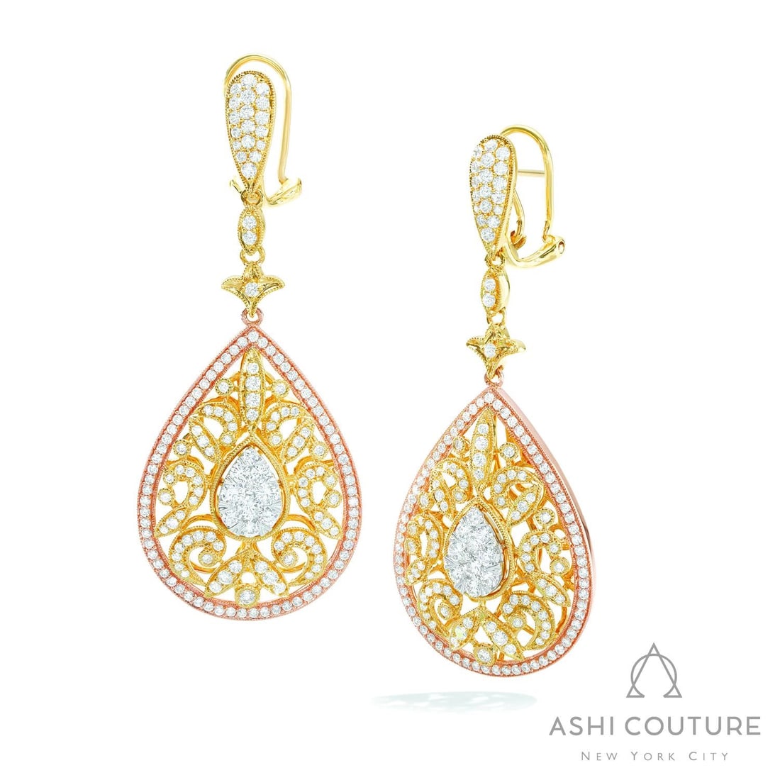 2.48 ctw Diamond Pear Cluster 18K Tri-Color Gold Drop Earrings: Rare and radiant, this magnificent Pear Cluster pair of earrings featuring White Diamond offers a touch of the extraordinary. Showcasing the gems in a Pave arrangement, the earrings consists of 18.5 g