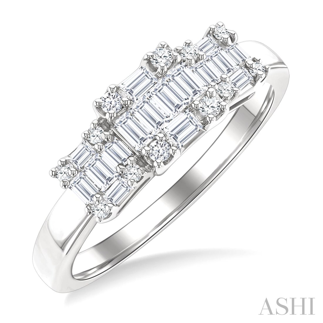 0.54 ctw Baguette and Round Cut Diamond Fusion 14K White Gold Ring: A vision of luxury, this magnificent Fusion ring featuring Natural Diamonds defines sophistication. The gemstones are nestled within a Three-Stone Cluster framework, supported by a substantial 3.4 gra