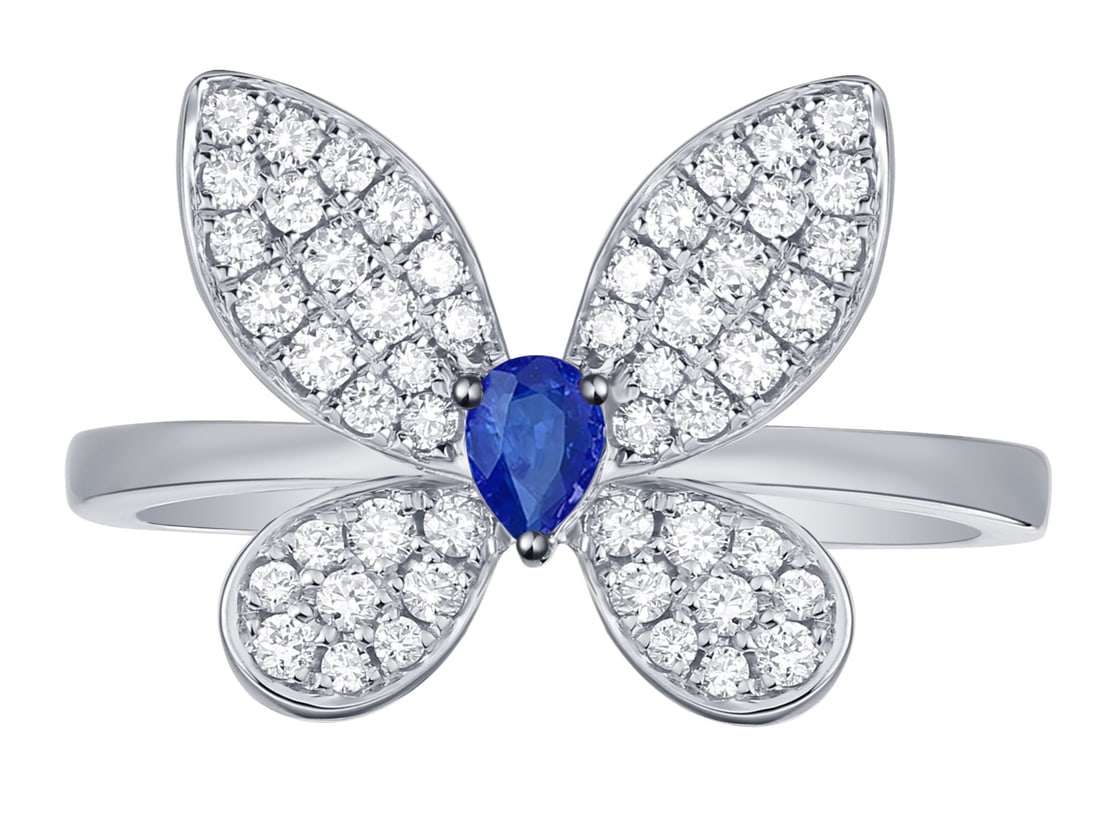 0.28ct Blue Sapphire and 0.34ctw Diamond 14K White Gold Butterfly Ring: Exuding opulence and grace, this magnificent Butterfly ring featuring Blue Sapphire, White Diamond is crafted for the distinguished. Showcasing the gems in a Cluster arrangement, the ring consists of 