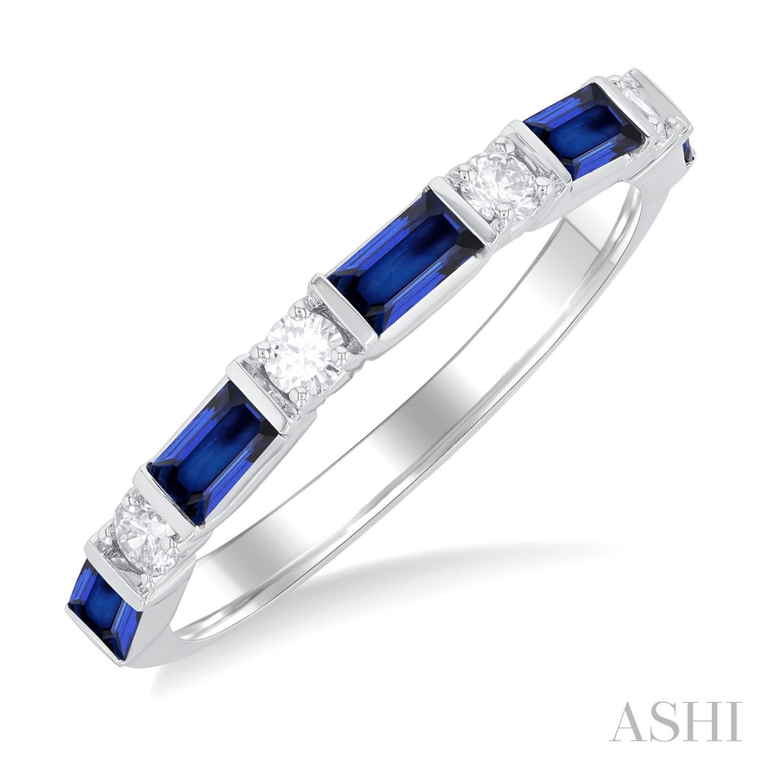4x2mm Baguette Sapphire and 0.20 ctw Diamond 14K White Gold Band Ring: A symphony of light and color, this magnificent Art Deco band ring featuring Blue Sapphire, White Diamond embodies the pinnacle of luxury. Securely held in a classic Half-Eternity design, the band rin