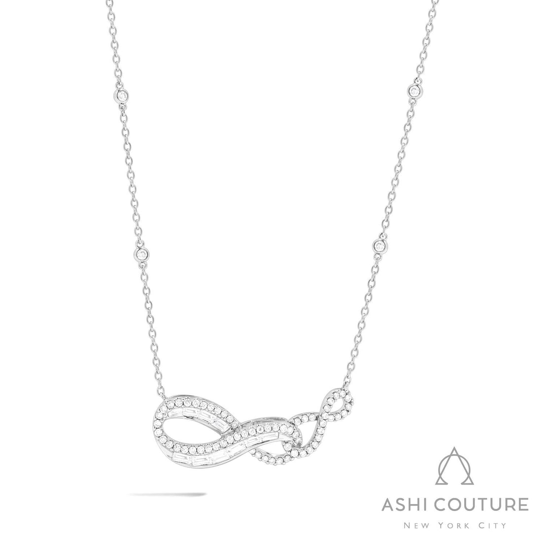 1.92 ctw Baguette & Round Diamond Double Infinity 18K White Gold Pendant: A testament to superior craftsmanship, this breathtaking Double Infinity necklace featuring Natural Diamonds is unparalleled. A detailed Mixed Setting gallery secures the stones, rendered in 4.75 gram