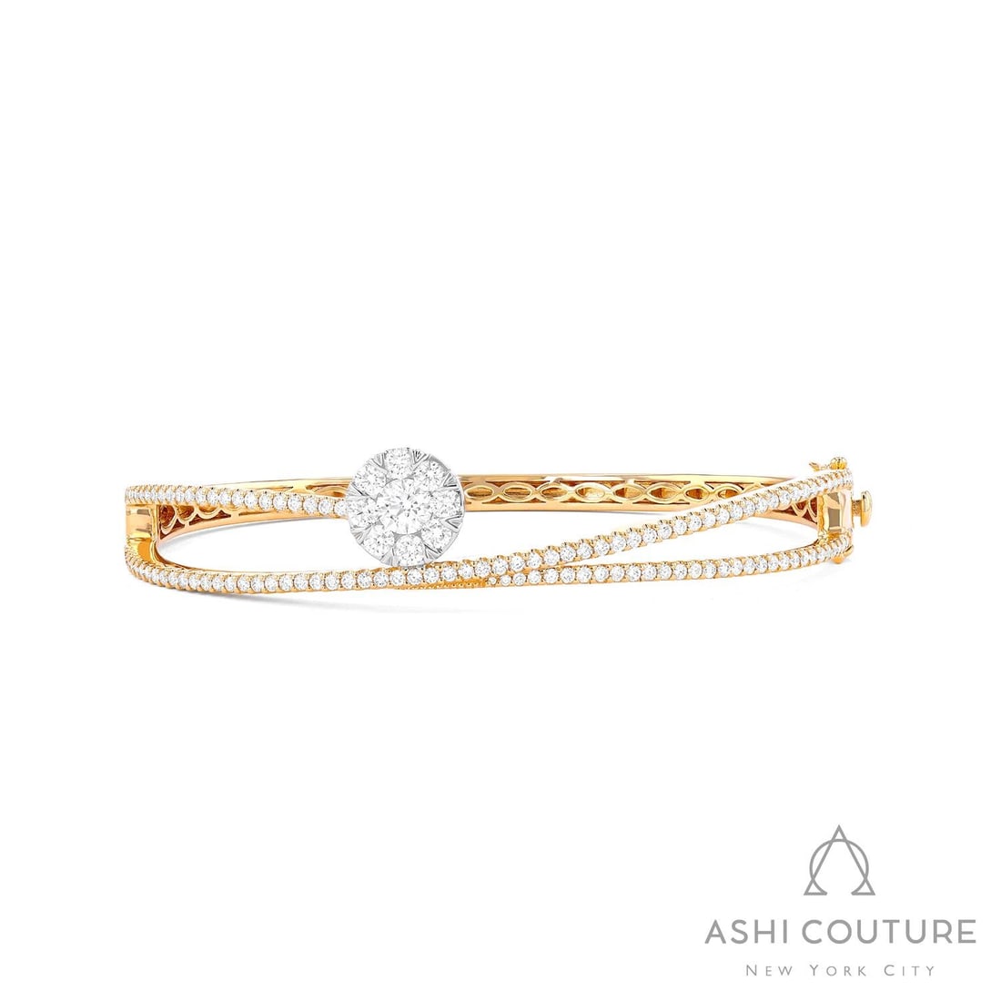 2.0 ctw White Diamond Cluster Bypass 18K Yellow & White Gold Bangle Bracelet: A vision of luxury, this breathtaking Bypass Cluster bangle bracelet featuring White Diamond defines sophistication. Expertly mounted in a Cluster setting, the bangle bracelet is crafted in 21.35 gram