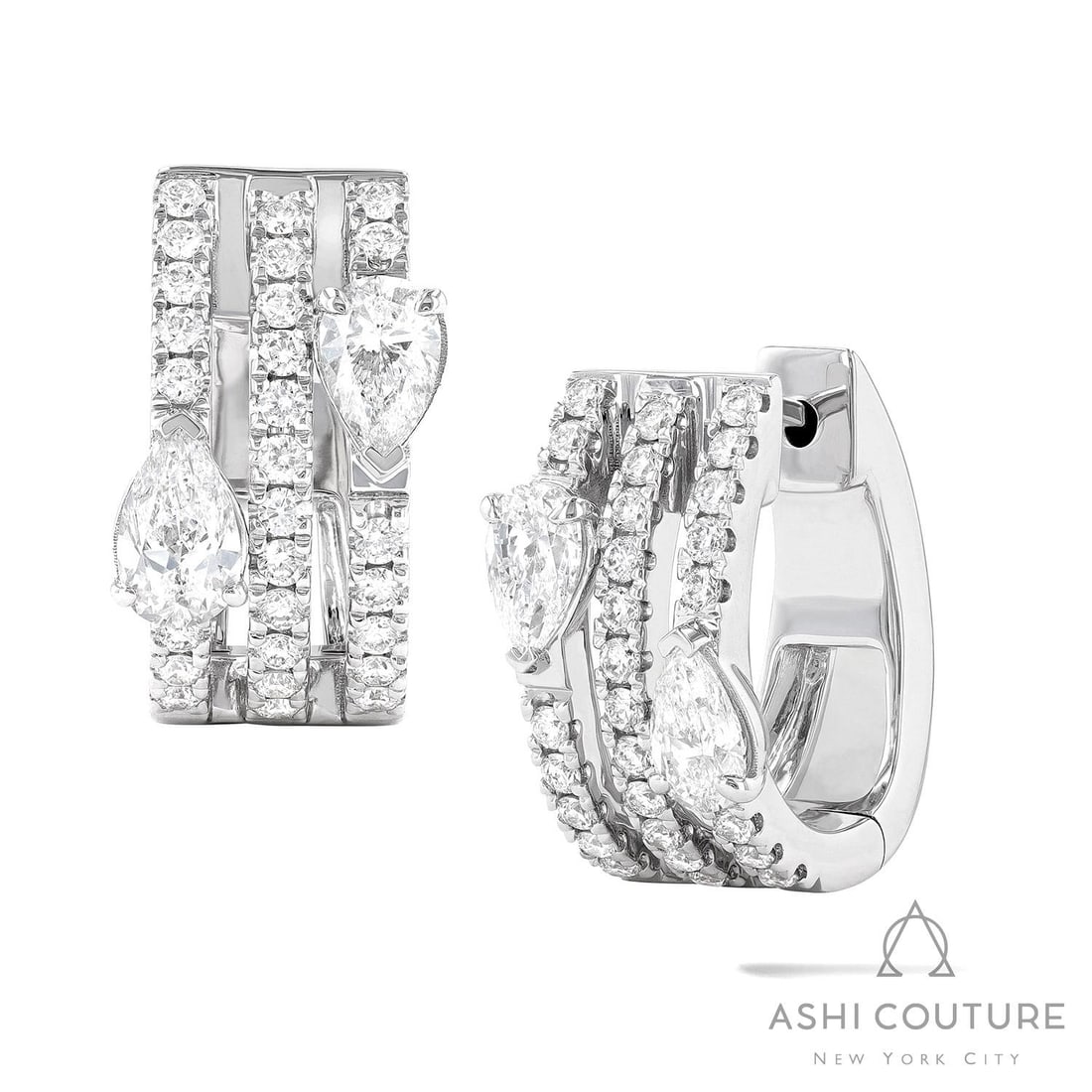 1.26 ctw Pear & Round Diamond 3-Row Paradox 18K White Gold Hoop Earrings: Captured in a moment of brilliance, this exquisite 3-Row Hoop pair of earrings featuring Natural White Diamonds speaks to the connoisseur. The gemstones are nestled within a Hoop framework, supported 