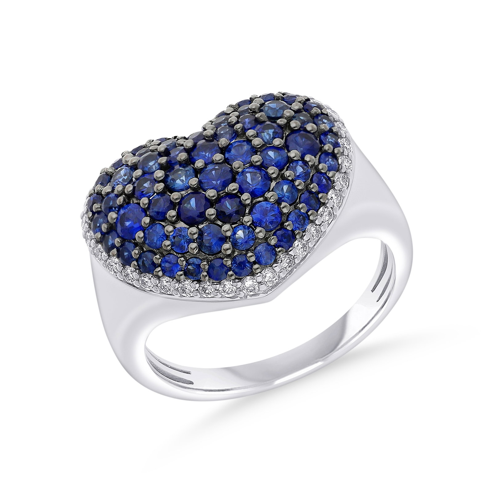1.43ct Blue Sapphire and 0.28ctw Diamond Heart Shape 18K White Gold Ring: An exquisite masterpiece of haute joaillerie, this magnificent Heart Shape ring featuring Blue Sapphire, White Diamond is a true treasure. Showcasing the gems in a Dome Cluster arrangement, the ring i