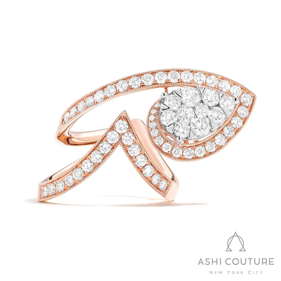 1.79 ctw Diamond Fiori Cluster 18K Rose & White Gold Cocktail Ring: Timeless and sophisticated, this exquisite Fiori Cluster ring featuring White Diamond radiates enduring beauty. The gemstones are nestled within a Cluster/Halo framework, supported by a substantial 8.
