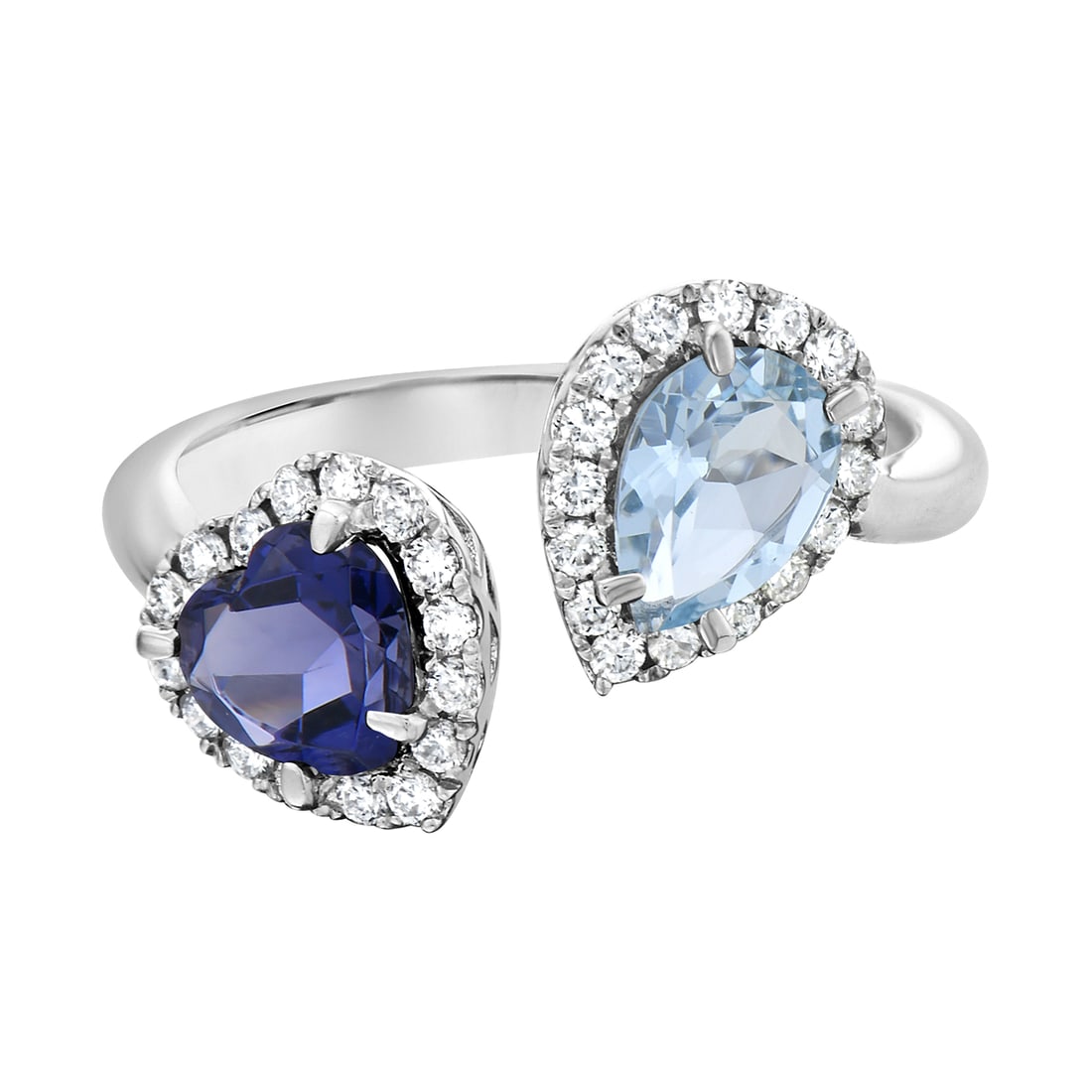 Aquamarine and Iolite Ring in 14K White Gold with Diamonds: Exuding contemporary sophistication, this exquisite ring features a captivating blend of Aquamarine and Iolite, each weighing 0.6 carats. The stones are elegantly set in a modern design, surrounded by