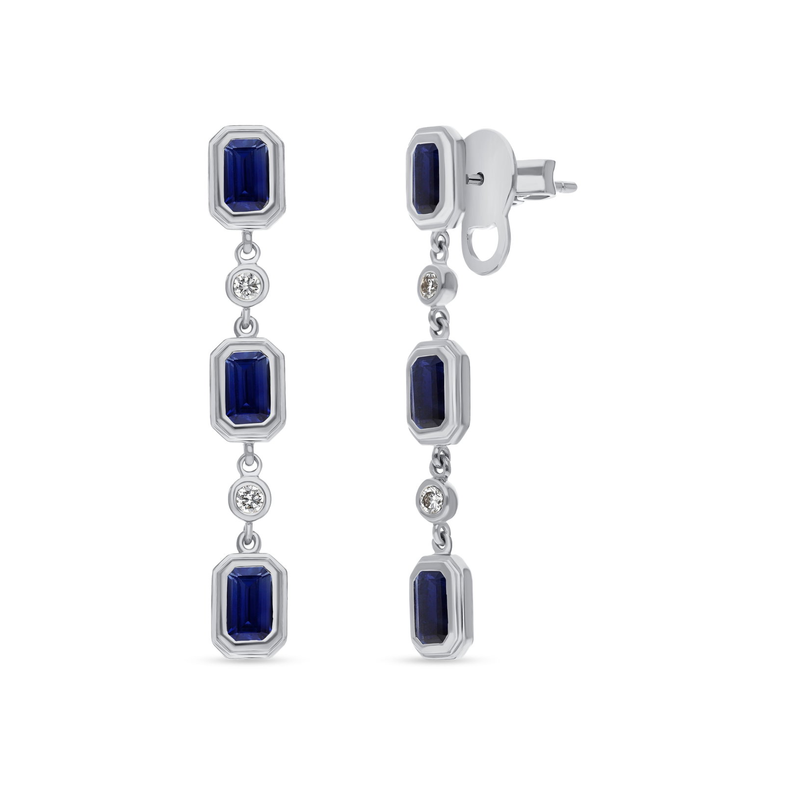 2.05ct Blue Sapphire and 0.13ctw White Diamond 18K White Gold Drop Earrings: Timeless and sophisticated, this elegant 3 Stone Drop pair of earrings featuring Blue Sapphire, White Diamond radiates enduring beauty. Securely held in a classic Drop/Dangle design, the earrings are 
